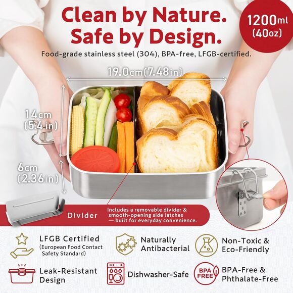 HIBINO 1200ml Stainless Steel Bento Box Leakproof Lunch Box, Divider & Sauce Cup - Picture 3 of 8